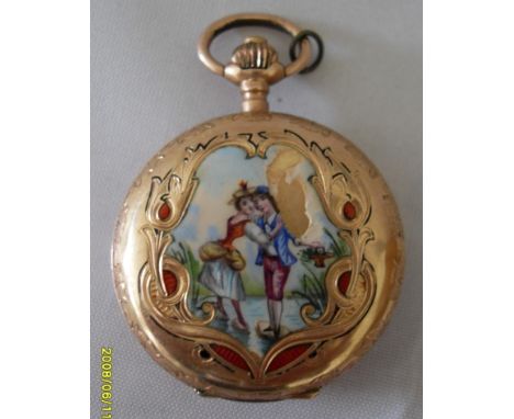 A late 19th century 14 ct rose gold remontoir cylindre 10 rubis lady's stem-wound, double-hunter fob watch with enamel cartou
