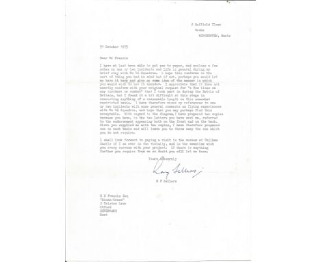 R Sellers typed signed letter regarding his time with 46 sqn from WW2 Battle of Britain historian Ted Sergison collection. Go