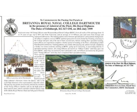 HRH Prince Phillip signed 1999 Royal Navy official cover comm. The passing out parade and Dartmouth RN College. Also signed b