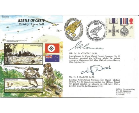 Battle of Crete official double signed Royal Air Force cover JS/50/41/4. Signed by two Military Medal Mr M G Comeau MM, and M