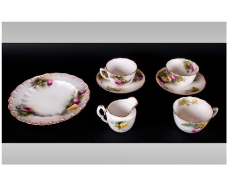 Royal Worcester Hand Painted and Fine 7 Piece Tea Service, Comprises 2 Cups and Saucers, Milk and Sugar Bowls + Sandwich Plat