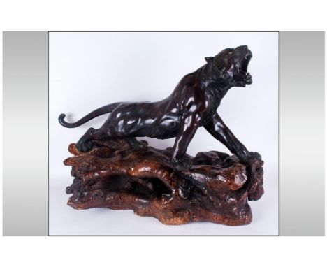 Large and Extremely Fine Quality Japanese Bronze of a Tiger In an Attacking Position, with Glass Eyes on an Open Mouthed Head