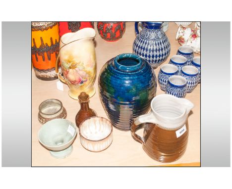 Six Art Pottery Vessels - Including Brown glazed jug stamped ''B-P'', Blue abstract vase marked ''Ewenny Pottery'', Pot marke