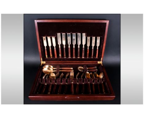 A Vintage Bronze & Wood 48 Piece Canteen Of Cutlery Marked 'Made In Thailand' Boxed.