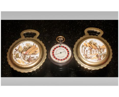 Metal Compass 'Monte Carlo At Home Registered' Together With 2 Small Brass & Porcelain Plaques Depicting Cottage Scenes