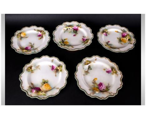 Royal Worcester Hand Painted and Very Fine Set of 4 Shaped Cabinet Plates + a Matching Pedestal Dish. Each Piece Decorated wi