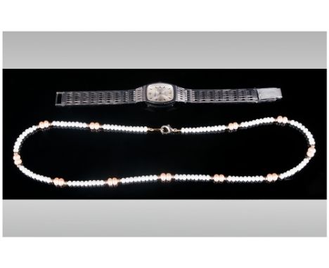 Ladies Etienne Wristwatch 17 Jewel Manual Wind Together With A White & Pink Pearl Necklace