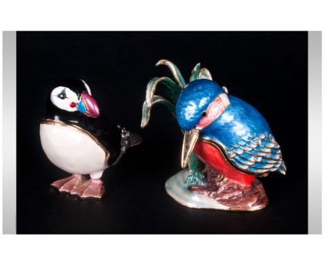 Enamel on Metal Hand Finished and Stone Set Figural -Hinged Wood Pecker and Puffin Trinket Boxes. Dated 2004. Heights 2 Inche