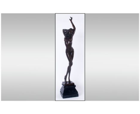 A 20th Century Contemporary Signed Bronze Figurine Raised On A Stepped Marble Base, A Standing Female Nude signed Also Vitale