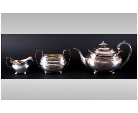George III Regency Matched 3 Piece Tea - Service. Each Piece Engraved With Floral Decoration and The Rims Have a Gadroon Moun