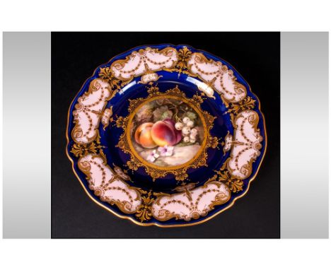 Royal Worcester Hand Painted R. Sebright Cabinet Plate. The Central Panel of Fallen Fruits Framed In Gold. Signed R. Sebright