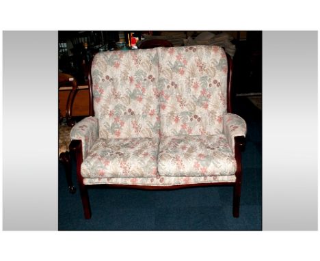 Modern Two Seater Mahogany Framed Parlour Settee, upholstered backs and seats in a floral tapestry material, 48'' in width, o