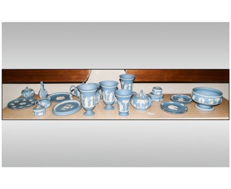 28 Pieces Of Miscellaneous Blue & White Jasperware wedgwood items, bowls, plates, vases, trinket boxes, teapots, jugs etc.