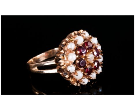 Ladies 14ct Gold Dress Ring, Set With A Cluster Of Garnets And Rubies, Continental Hallmark, Ring Size M, Gross Weight 6 Gram