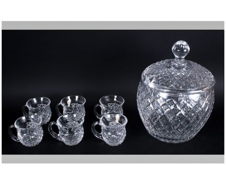 Waterford Very Fine and Impressive Cut Crystal Lidded Punch Bowl, Complete with Matching Set of Six Punch Cups. Punch Bowl 11