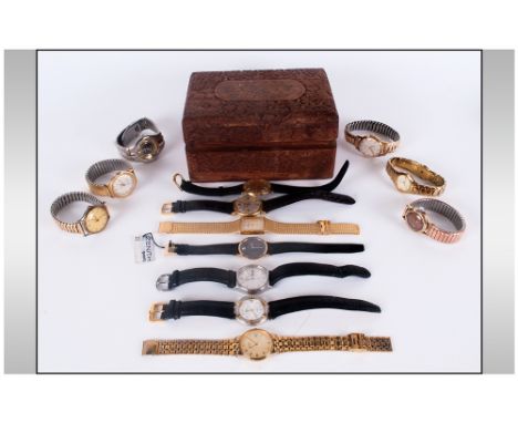 Anglo Indian Hinged Box, Carved Floral Decoration, Containing A Collection Of Low Value Wristwatches, Mostly Quartz Plus A Fe