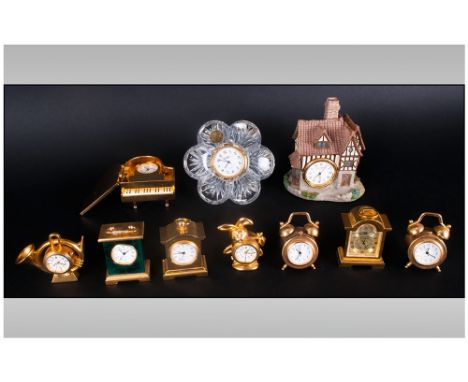Collection Of Novelty Miniature Desk Clocks in form of piano, flower,alarm clock etc. (10)