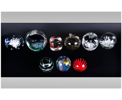 9 Vintage Glass Paperweights Of Various Decorations, one in the form of a milliflora basket