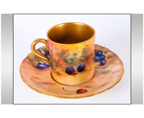 Royal Worcester Hand Painted Miniature Matched Cup and Saucer ' Fallen Fruits ' Design, Signed Price & Hale. Date 1923 - 1925