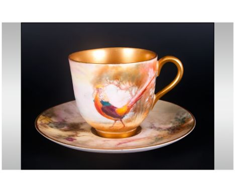 Royal Worcester Hand Painted and Signed Miniature Cup and Saucer ' Pheasant In a Woodland Setting ' Date 1916. Cup 2 Inches H