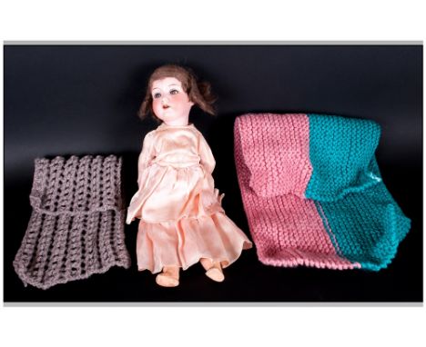 A.M Bisque Headed Doll 'Armand Marseille' Stamped To Head Made In German No.300 A3/0/M 12'' in total length. With a wood & Pa