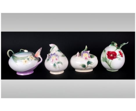 Franz - Fine Hand Painted Porcelain Lidded Pots ( 4 ) In Total. 1/ Poppy - Sugar/Jam Pot and Spoon, FZ00526, 4.25 Inches High