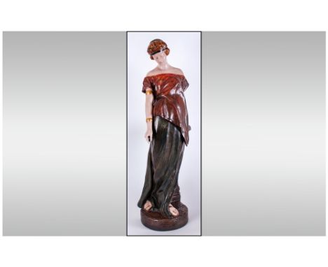 Goldscheider Large Signed Terracotta Figure Depicting A Classical Maiden Against An Arcadian Post, Full Plaque And Impressed 