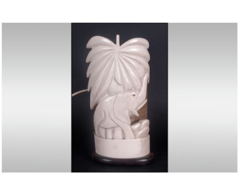 Art Deco Ivory Carved Lamp Electrified On Macasser Wood Base with contemporary shade. 1920/30's, 10'' in height.