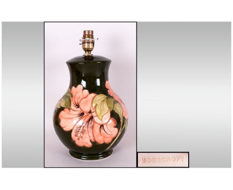 Moorcroft Large Globual Shaped Lamp Base ' Coral Hibiscus ' Pattern on Green Ground. c.1980's. Stands 12.5 Inches High. Excel