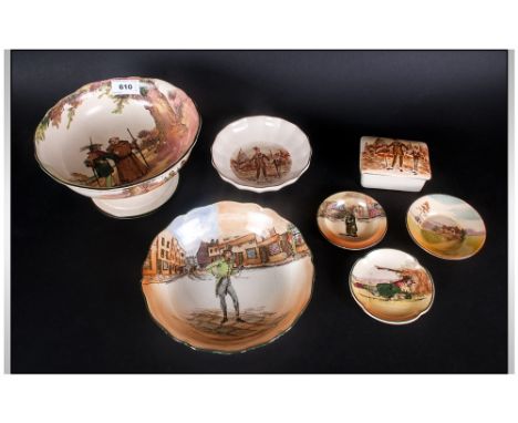 Royal Doulton.Sandland Ware Seven Pieces Of Pointed Pottery Items with various patterns, The Greenwood, Dickens type wares fo