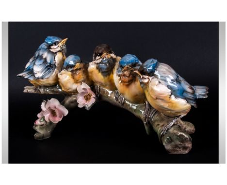 A Vintage Good Quality Hand Painted Porcelain Figure Group of Five Yellow and Blue Bird Figures In Conference, Perched on a B