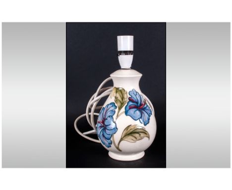Moorcroft Lamp Base, 'Blue Hibiscus' on a cream ground; 8 inches high; excellent condition