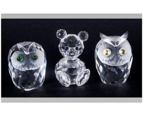 Swarovski Crystal Figures ( 3 ) In Total. Owls and Teddy Bear. 