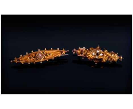 Victorian 9ct Gold Seed Pearl and Ruby Brooch, marked 9ct; 2 inches long, plus a Victorian 9ct gold diamond set brooch, hallm