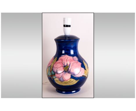 Moorcroft Fine Hand Painted Large Lamp Base, Pink Magnolia Design on Blue Ground. c.1970's. Excellent Condition. 12 Inches Hi