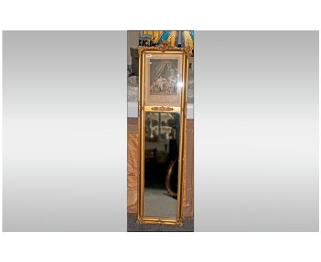 French Gilt Mirror with coloured print to the top panel, 'Le Lever' ladies boudoir scene, oblong mirror below. Late 19th Cent