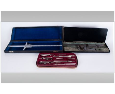 3 Boxed Draughtsman Sets, 1 Containing A Moore & Wright 995 Engineers Bevel Protractor, A Set Of Compasses & Caliper