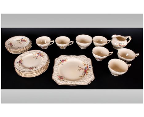 Crown Ducal 21 Piece Tea Service ' Florentino ' Design. c.1920's. Comprises 6 Cups and Saucers, 6 Side Plates, 1 Milk Jug and