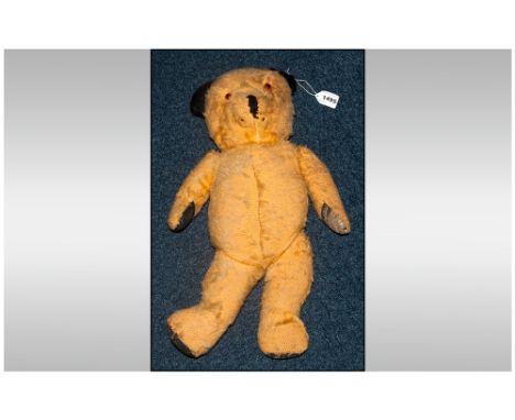 Early To Mid 20thC Straw Filled Jointed Teddy Bear, Pad Paws, Black Ears, Stitched Nose