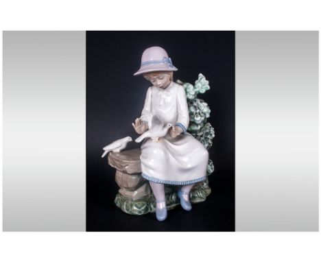 Nao by Lladro Figure ' Girl with Pair of Doves ' Seated. Height 8.5 Inches. 