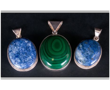 A Collection of Large Vintage Stone Set Silver Pendants ( 3 ) In Total. ' Malachite ' - 1 Pendant. ' Lapis Lazuli ' - 2 Penda