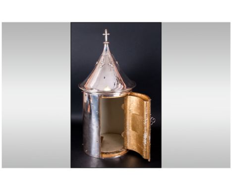 19thC Large Silver Plated Altar/Church Tabernacle Of Cylindrical Form, Removable Funnel Shaped Cover With Applied Trefoil Str