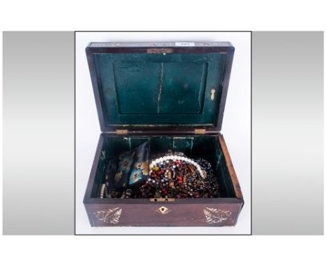 Victorian Rosewood Jewellery Box, Hinged Lid Inlaid With Mother Of Pearl, Interior Missing, AF Condition, Containing A Small 