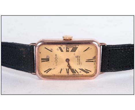 Vintage Luxor Tank Shaped Watch rose gold coloured metal casing, 17 Jewels, Incabloc SW/55 on black leather strap. Working or