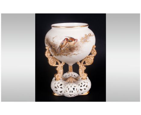 Royal China Works Worcester Hand Painted - Reticulated and Tripod Pedestal Vase. c.1880's. Birds Decorations. Stands 5.5 Inch