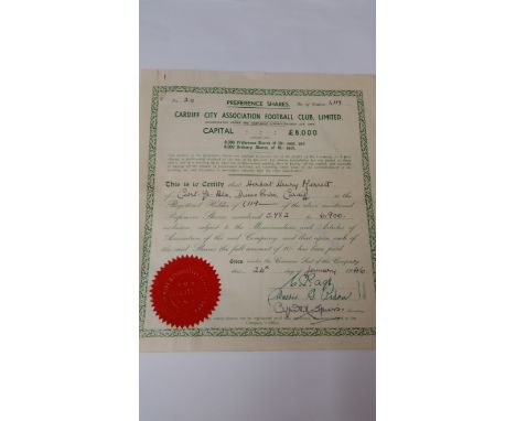 FOOTBALL, Cardiff City share certificate, 1946, issued to H.H.Merrett (chairman from 1939 - 1957), hole to one corner, G