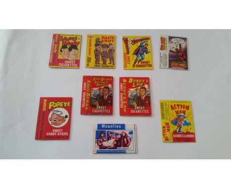 PRIMROSE, sweet cigarette packets, inc. Laurel &amp; Hardy, Dads Army, Amos Burke, Burkes Law, Mounties, Action Man etc., hul