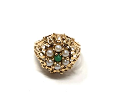 18ct gold antique turquoise &amp; pearl ornate floral openwork ring (4.2g) 