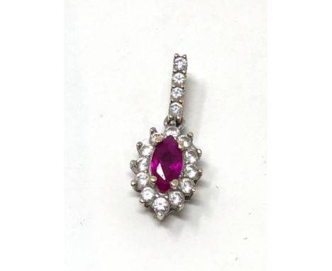 14ct white gold vintage synthethic ruby &amp; stone  drop pendant (0.9g) 