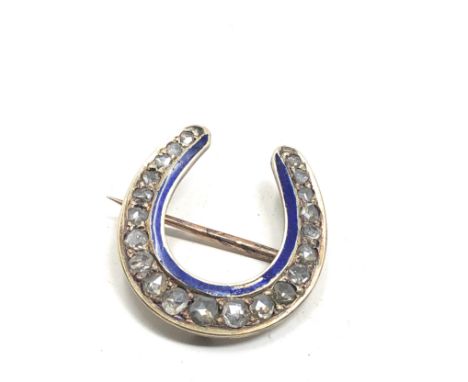 Fine antique gold &amp; rose diamond horseshoe brooch with blue enamel edge measures approx 2cm drop by 1.9 cm wide enamel ch